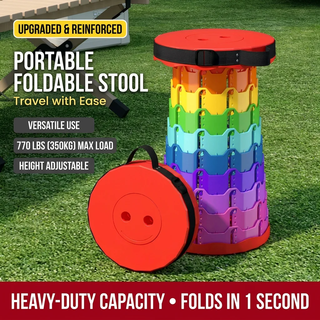 

1PC 2026 Rainbow Folding Stool Adjustable Height PP Material Portable Collapsible Compact for Camping Fishing Outdoor Activities