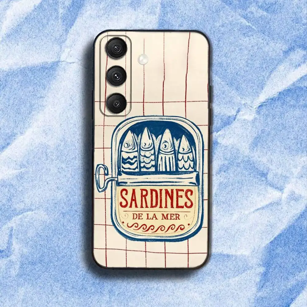 魚 F-Funny Sardines-S 電話ケース Samsung S25、S24、S21、S22、S23、S30、ウルトラ、S20、プラス、Fe、ライト、5G ブラックカバー用