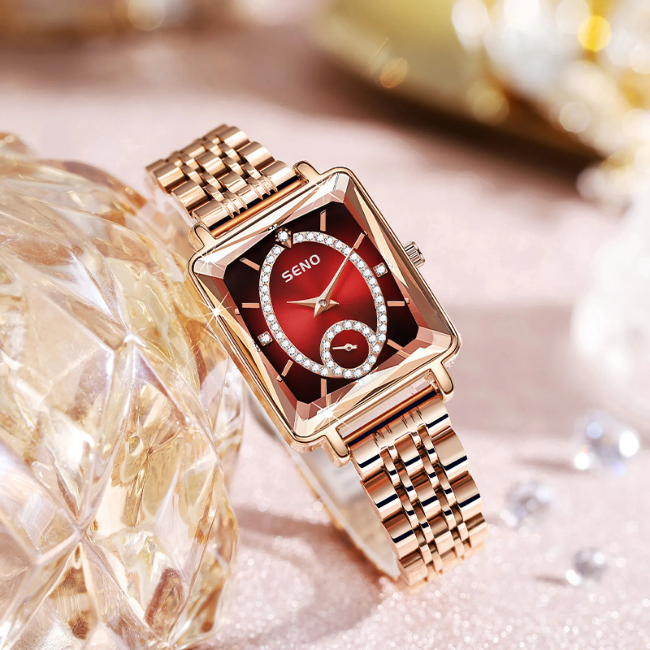 Elegant Watch Women\'s Watch 30M Waterproof Calendar Date Rhinestone Stainless Steel Watchband Ladies Ruby Quartz Watch Gift 4361