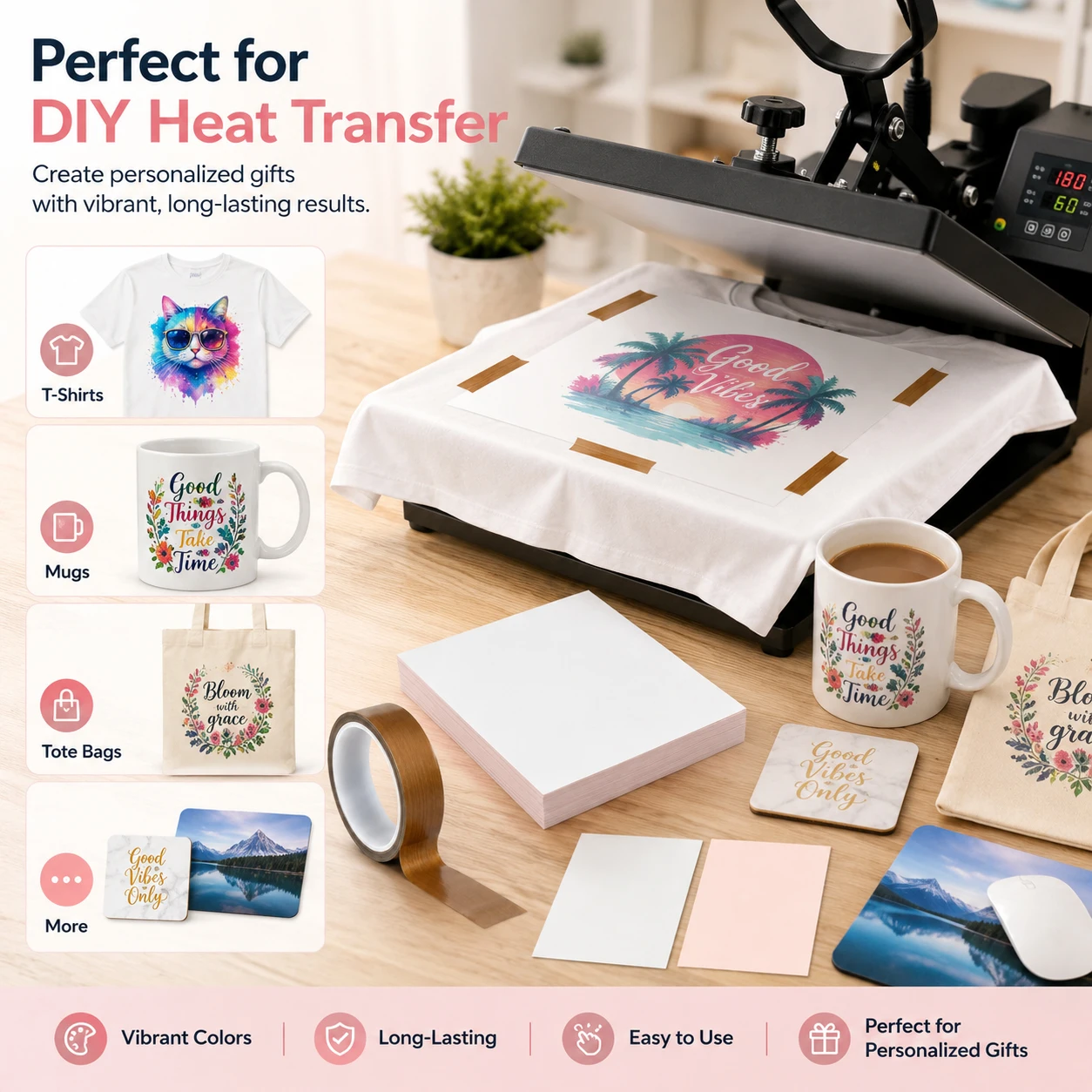 25-150Sheets A4 Sublimation Transfer Paper,Heat Press Paper for T-Shirt Mug DIY,with 10m Heat Tape for Sublimation Inks Printers
