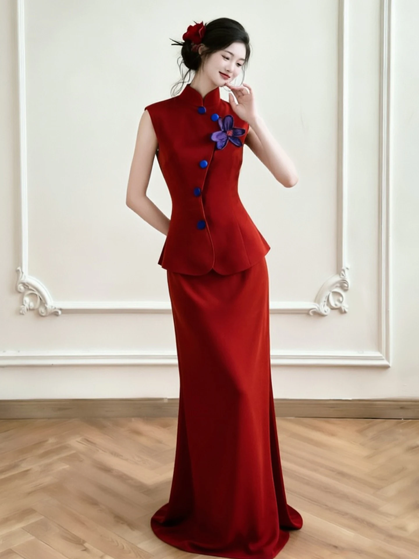 

Красное свадебное платье в новом китайском стиле, роскошное платье для помолвки, красивое платье невесты, элегантное длинное вечернее платье для торжеств
