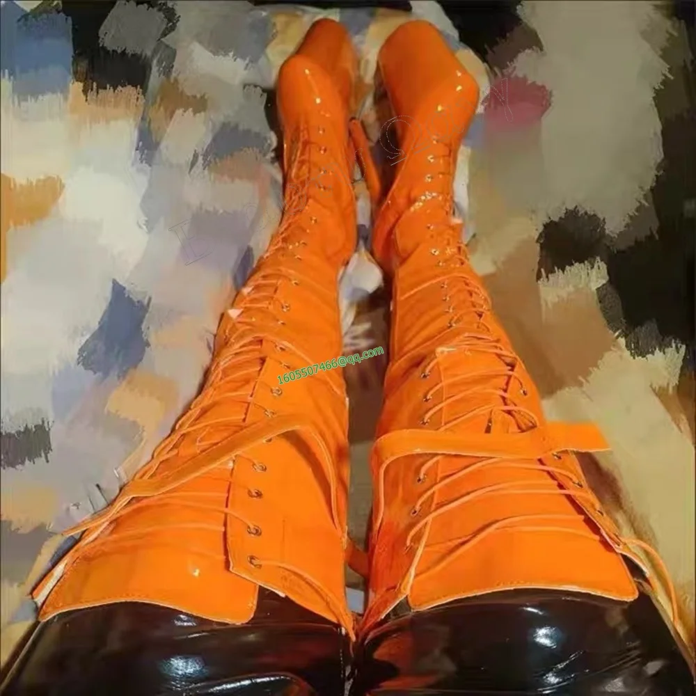 

Orange Patent Leather Boots Platform Front Cross Tied Spike High Heels Shoes for Women Sexy Party Shoes New Zapatos Para Mujere