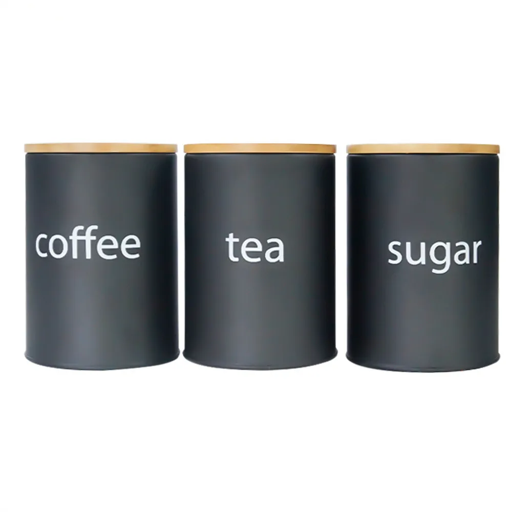 Sugar Tea and Coffee Jar Set with Airtight Cover, 3PCS,White,Black