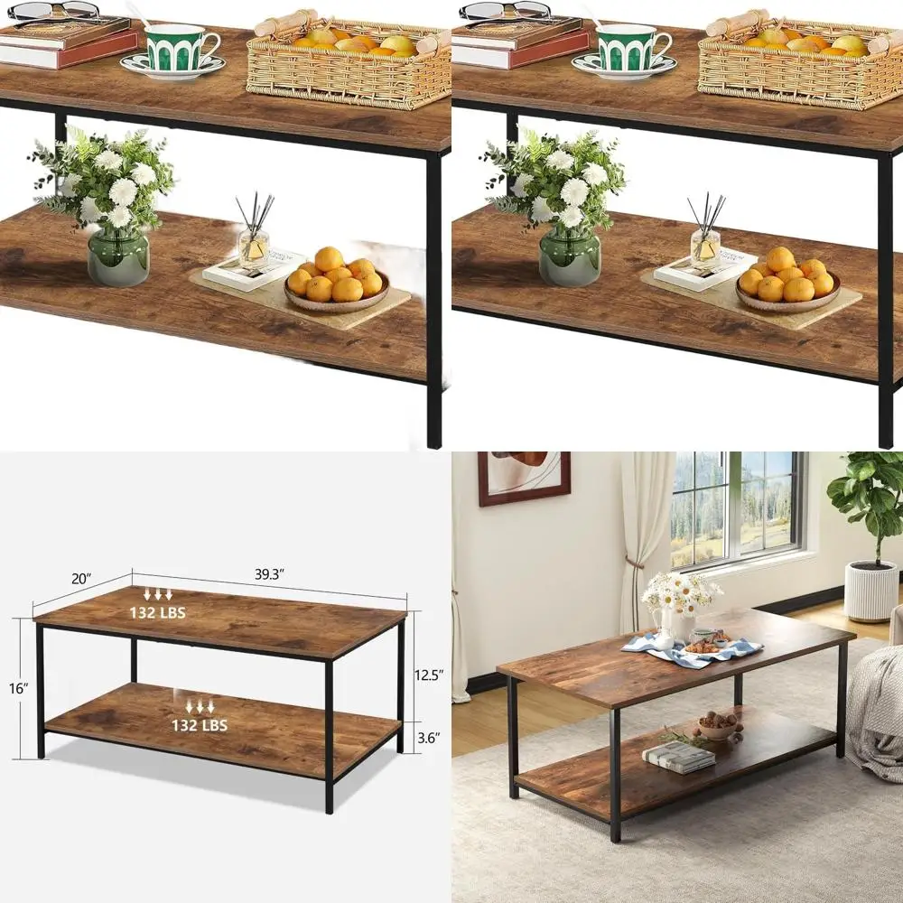 

Brown Wooden 2-Tier Coffee Table with Storage Shelf, Metal Sides, for Living Room, 39.3 x 20 x 16