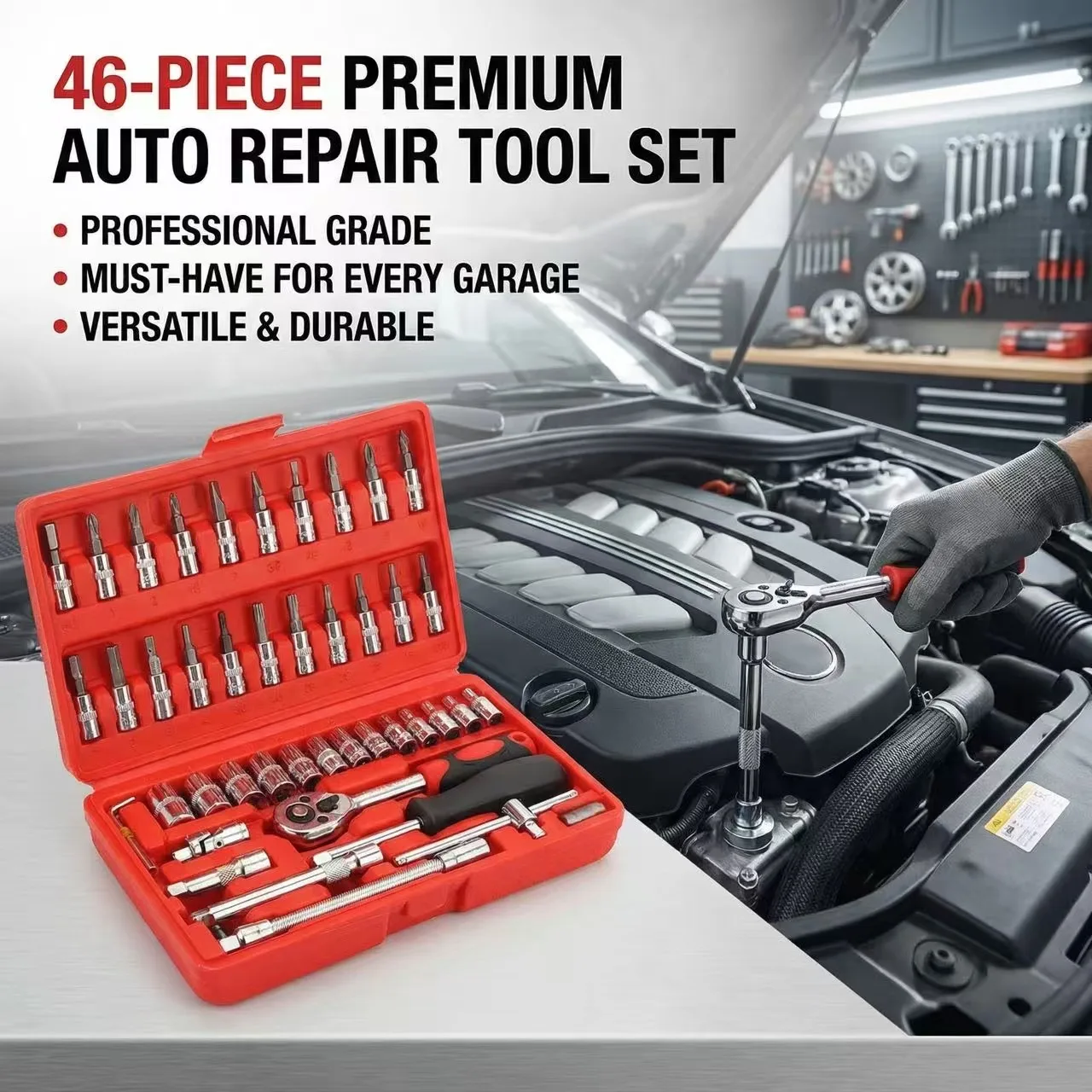 

46 Pieces 1/4 inch Drive Socket Ratchet Wrench Set, with Bit Socket Set Metric and Extension Bar for Auto Repairing and Househol