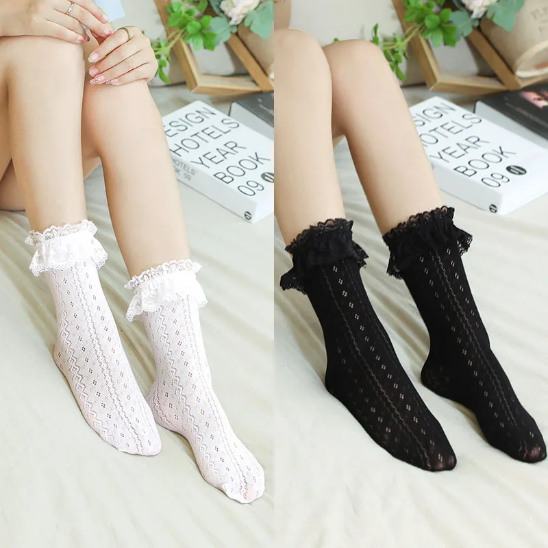 

Women Girls Lolita Short Casual Socks Fancy Lace Ruffle Frilly Princess Cotton Ankle Socks Summer Mesh Thin Breathable Hosiery