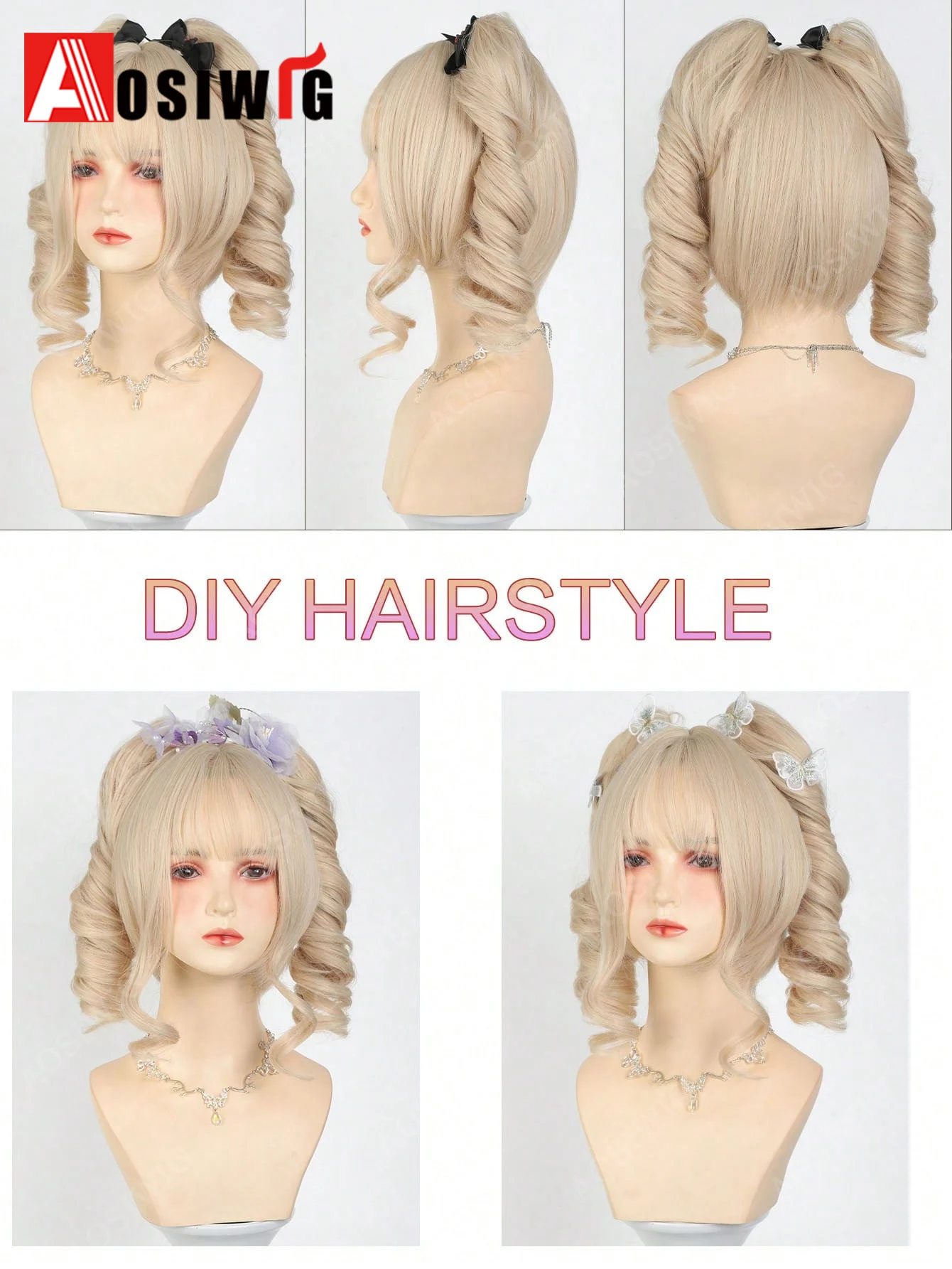 Lolita Black Twin Tail Wig with Bangs Sweet Harajuku Style Long Curly Ponytail Hairpiece for Girls Cosplay Costume Party