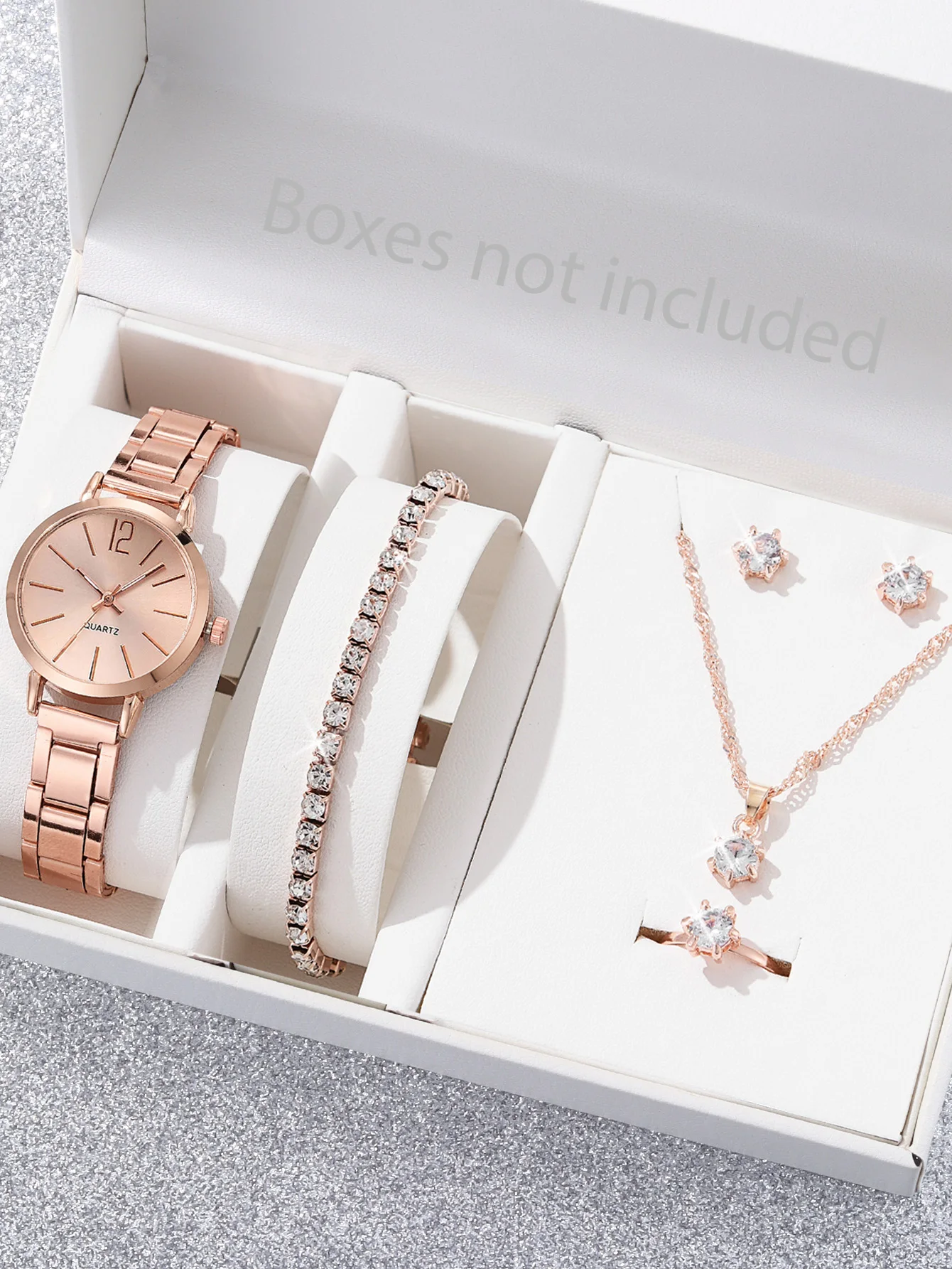 

6PCS stylish compact alloy Rose Gold women's graduated quartz watch with diamond bracelet Necklace Earrings Ring jewelry set