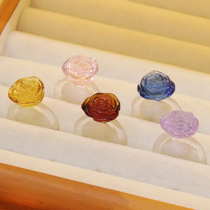 

Trend Colorful Transparent Acrylic Rose Flower Ring For Women Geometric Candy Color Rainbow Resin Charm Rings Fashion Jewelry
