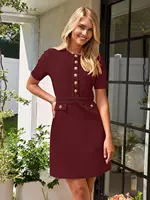 Womens Knit Button Dress Short Sleeve A-Line Business Casual Elegant Work Dress - Image 2