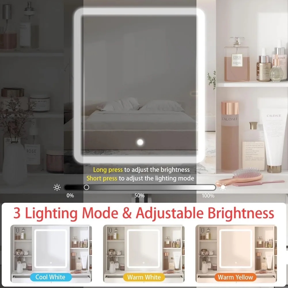 Vanity Desk with Sliding Mirror, Vanity Table with 3 Color Lighting, Vanity Table Set with Chair, 5 Drawer Storage, 5 Hooks