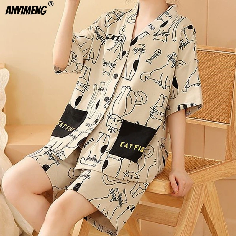 Summer Women Cotton Pajamas Set Kimono V-neck Casual Sleepwear Leisure Loungewear Cute Cartoon Girls Pijama Plus Size Homewear