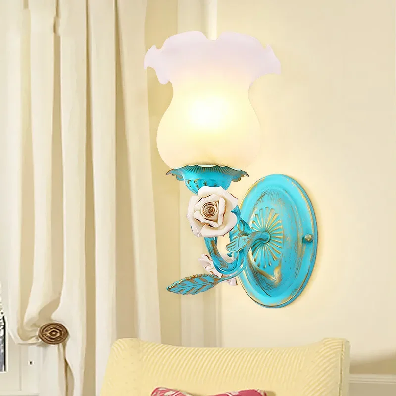 

European bedroom garden wall lamp bedside lamp living room American country living room blue flower aisle wall lamp