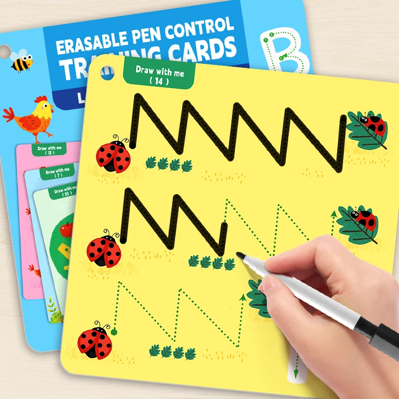 30-Page Children's Pen Control Training Cards, Comes with Two Erasable Pens, Reusable, Includes Line Practice and Letter Writing Content, Improves Pen Holding and Control Skills, Teaching Aids and Learning Tools