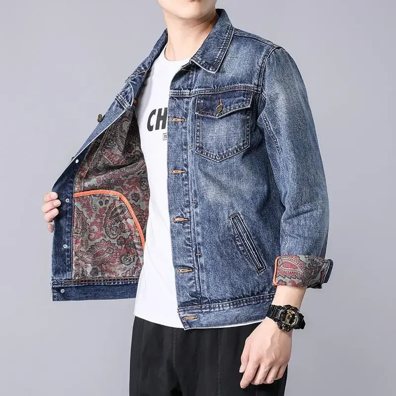 Denim Jackets Man Button Cowboy Coat for Men Cargo Loose Elatic Fashion of Fabric Washed Korea Aesthetic New In Vintage Worn Y2k