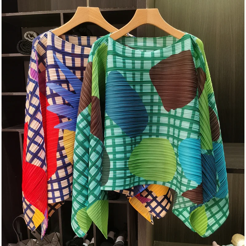 Miyake Pleated Colorful T-Skirt New Autumn Fashion Printed Casual Long Sleeve High Elastic Women's  Top Plus Size
