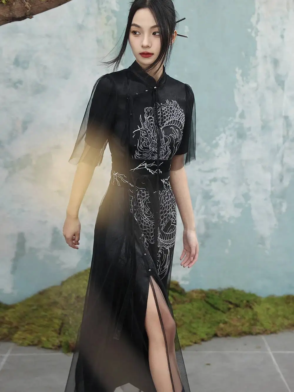 Vestido Cheongsam mejorado UMI MAO, elegante para mujer, novedad de verano, vestidos largos con abertura y manga corta con cuello levantado oscuro para mujer Y2K