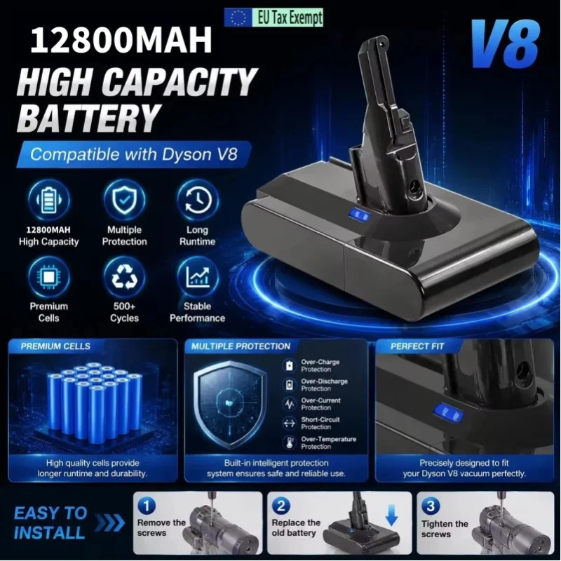 LIDIKALA Akku-Staubsauger Ersatzakku 21,6V 12800mAh Li-Ionen-Akku Kompatibel mit Dyson V8 SV10 V8 Absolute V8 Animal V8 Fluffy Handstaubsauger