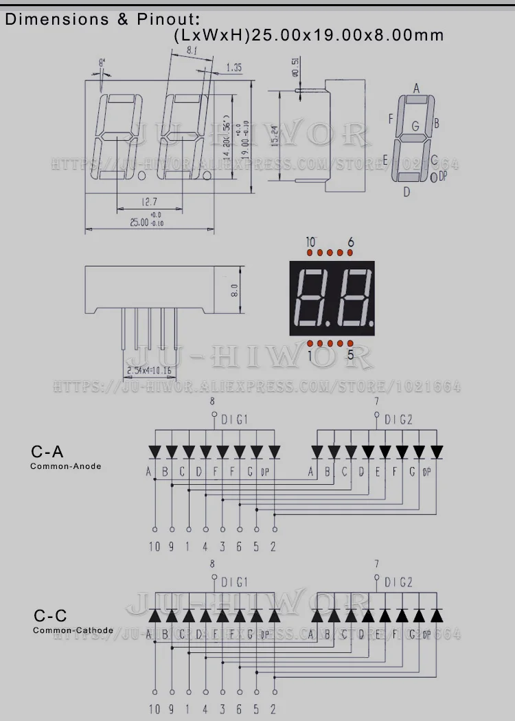 10pcs 0.56 inch 10Pins 5261AG 5261BG 2 Digit Bits 7 Segment Yellow-Green Chartreuse LED Digital Display Common Anode Cathode