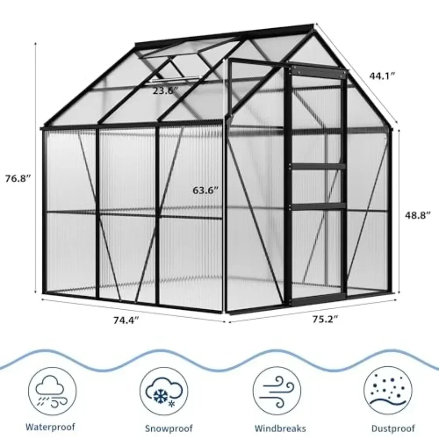 Backyard outdoor greenhouse: 6x6 ft polycarbonate panels, aluminum frame, green color, sliding door adjustable roof vent for ga