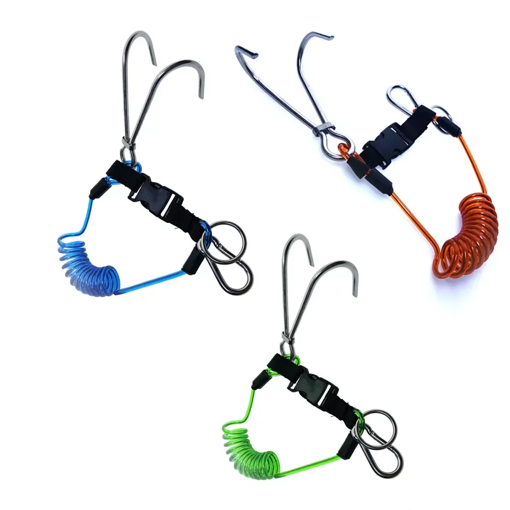 Scuba diving reef hook with coiled lanyard Cave Tech diving current double end hook