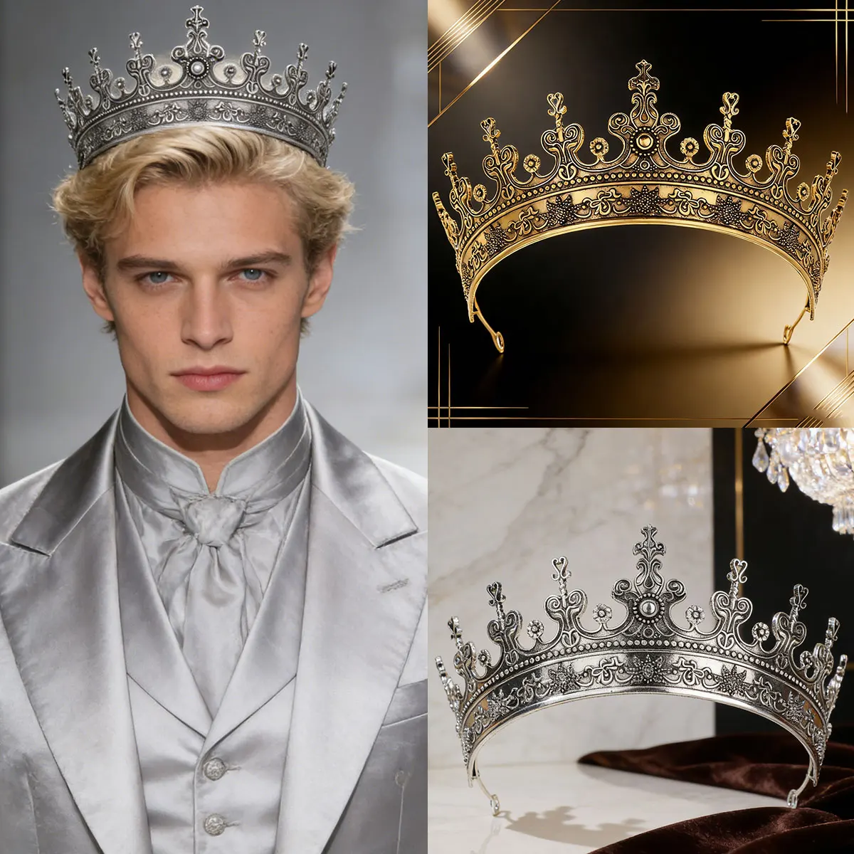 Vintage Silver & Gold Royal Tiara  Regal Gothic Headpiece for Men  Wedding  Prom  Cosplay & Renaissance Faire