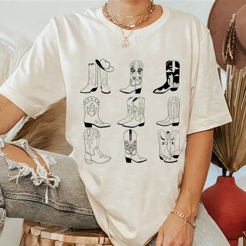 Cowgirl Boots T Shirt Boot Western T-Shirt women Summer Loose Vintage Boho Texas T Shirt Unisex Cowboy Cute Graphic Tees