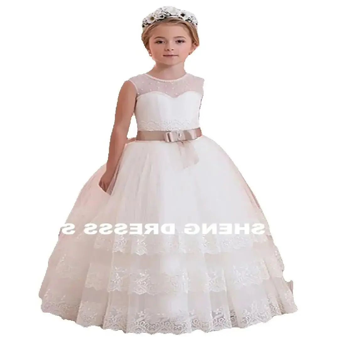 Cascading Lace Flower Girl Dresses For Weddings First Communion Dresses With Ribbons Girls Pageant Gown