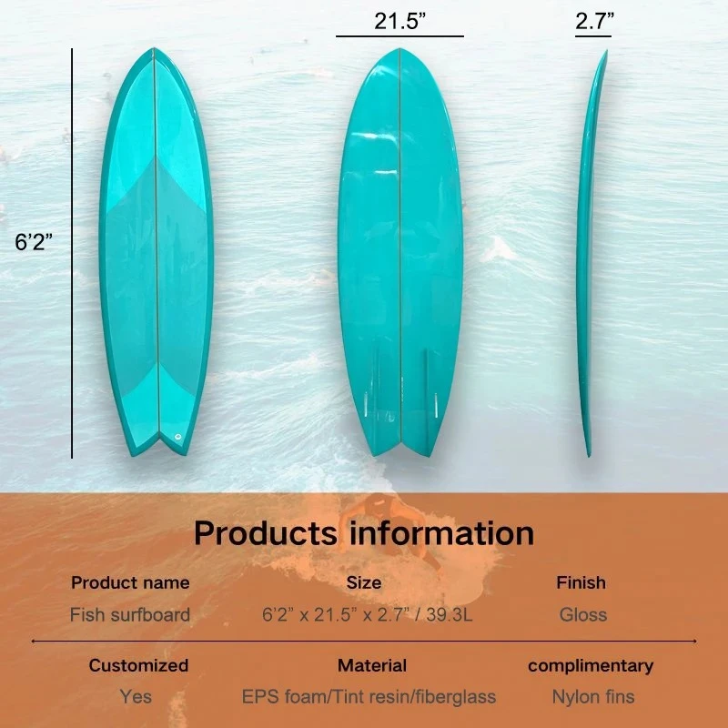 Factory Direct Supply 5'6'' To 6'2'' Classic Fish Surfboard Twin Fin Setup Small Wave