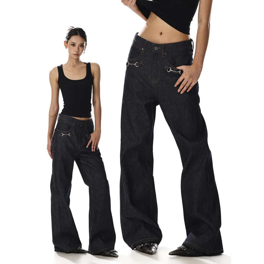 Damen Metallschnalle Mode Vintage Lässige Primärfarben Denim Jeans Herren Streetwear Lose Retro Jeans Hosen