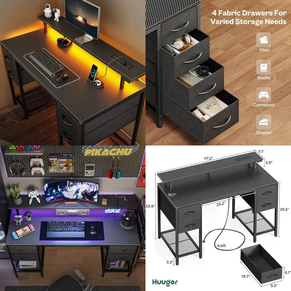 

Large 47 Inch Gaming and Home Office Desk with 4 Drawers, LED Lighting, and Power Outlets