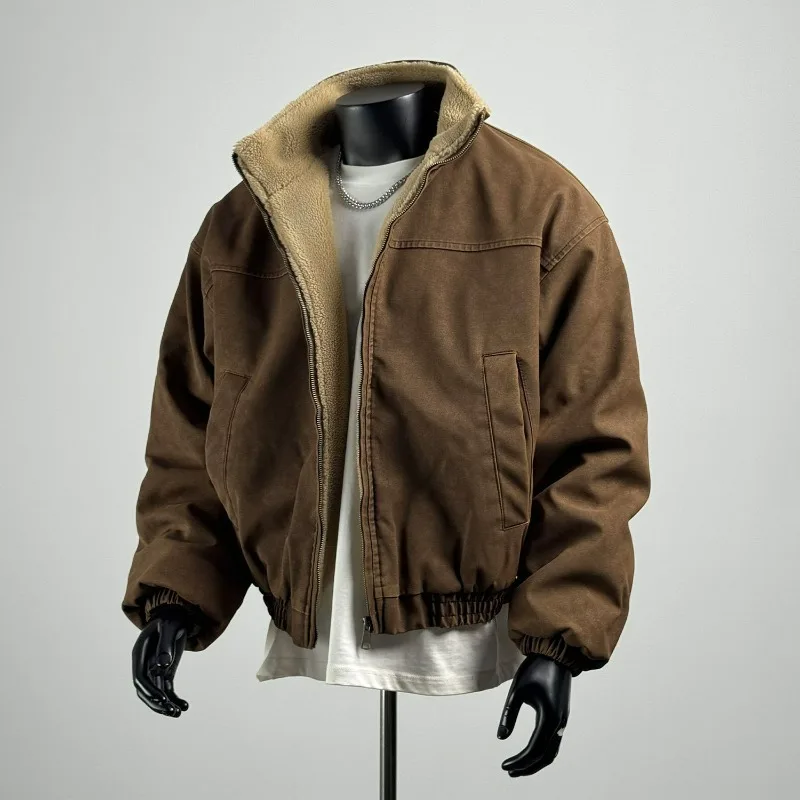 KIDWHXR Winter Herrenjacke, dick gefüttert mit Fleece, warm, mit Stehkragen, Cargo-Mantel für Männer, locker geschnitten, langärmelig, mit Reißverschluss, lässige Oberbekleidung für Männer. – Detail 4
