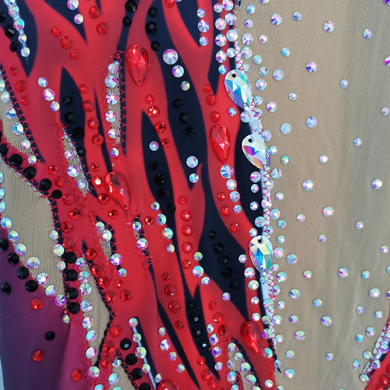 Kids Ice Skating Dress Girls Women Elegant Red Rhythmic Dress Competition rhinestone Leotard BDBD636
