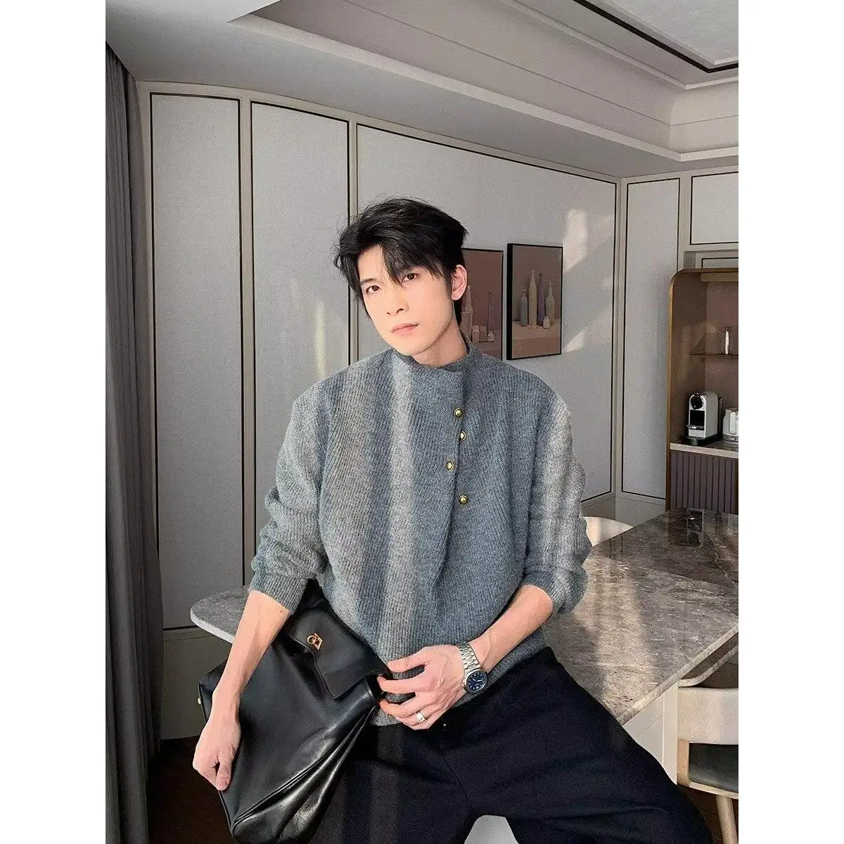 

High Collar Oversize Knitwear Men's Korean Sle Casual Faion Irregular Button Design V-Ne Long Sve Polyester Fiber