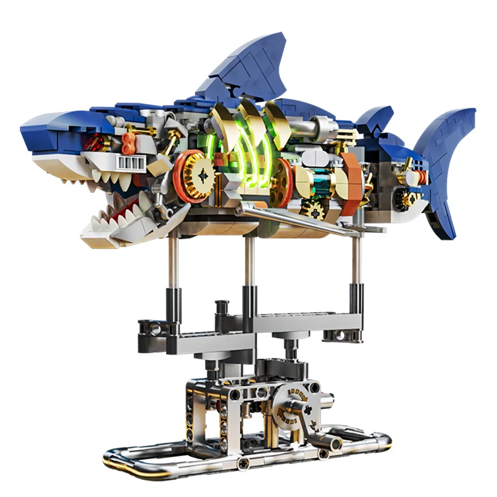 MOC Mechanical Shark Building Set Shark Sea Life Building Blocks Set with Display Stand and Lights Block Gift for Kids and Adult