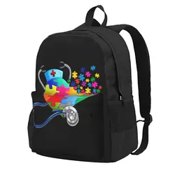 Cute Nurse Heart Puzzle Autism Awareness Men Women  Large Capacity Backpack Print  Backpacks