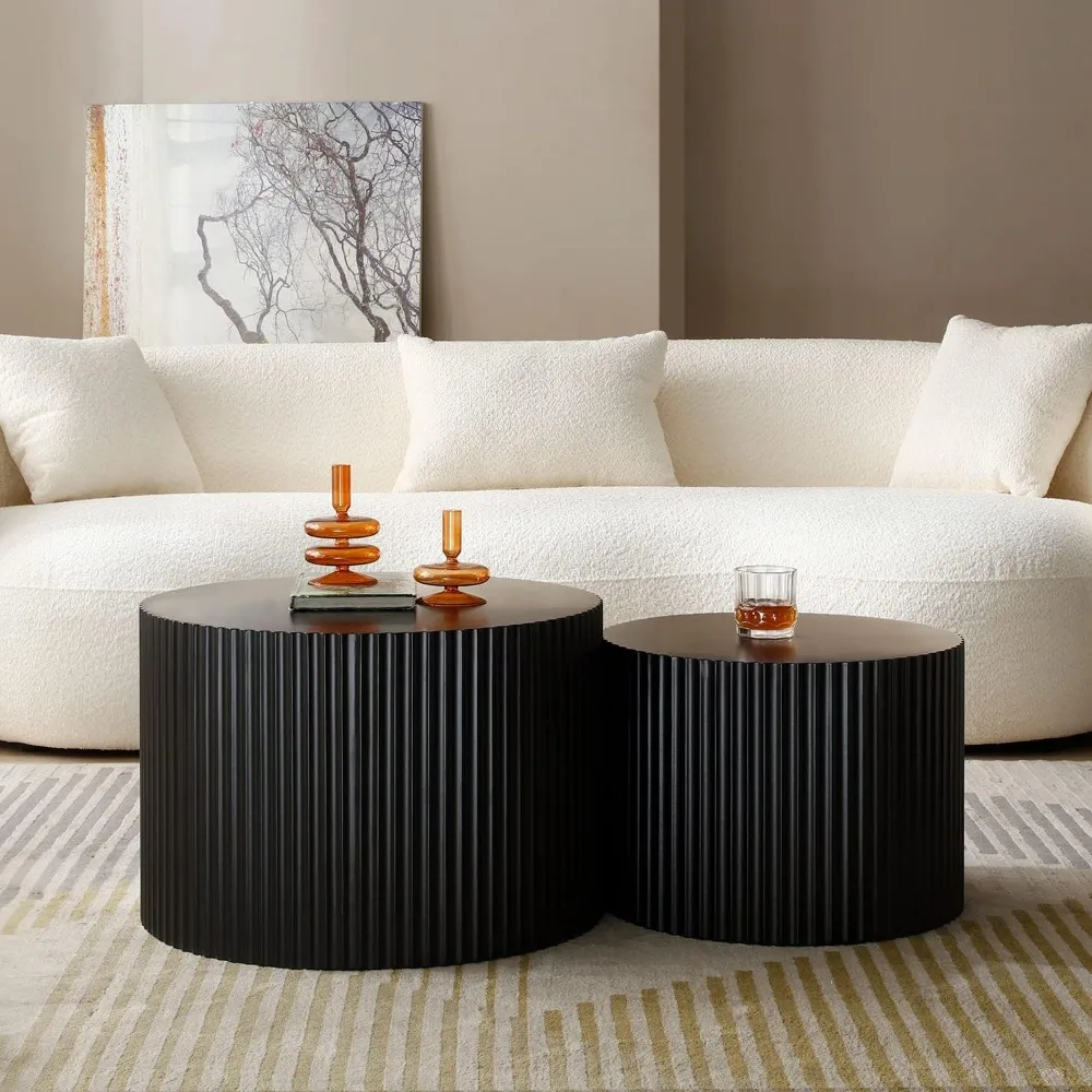 Modern Black Round Nesting Coffee Table Set of 2 for Living Room, Contemporary Wood Circle Side Tables