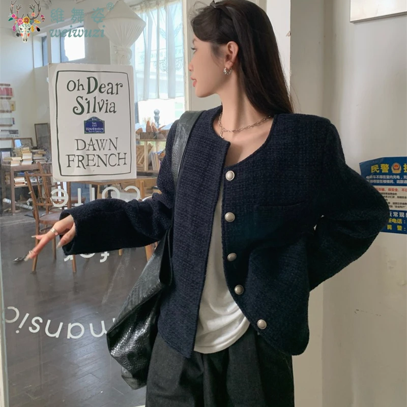 

Women Round Neck Loose Coat Advanced Feeling Female Jacket Dark Blue Weave Outwear Autumn Winter Korea Lady Long Sleeves Top