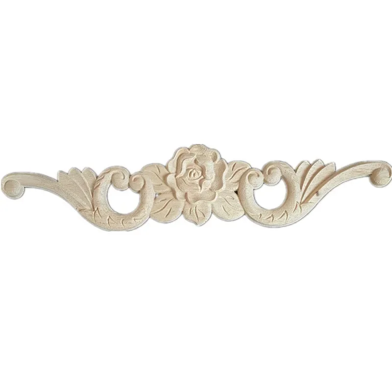 2PCS 32cm Flower Wood Carving Natural Appliques for Furniture Cabinet Unpainted Wooden Mouldings Decal Decorative Home Decor