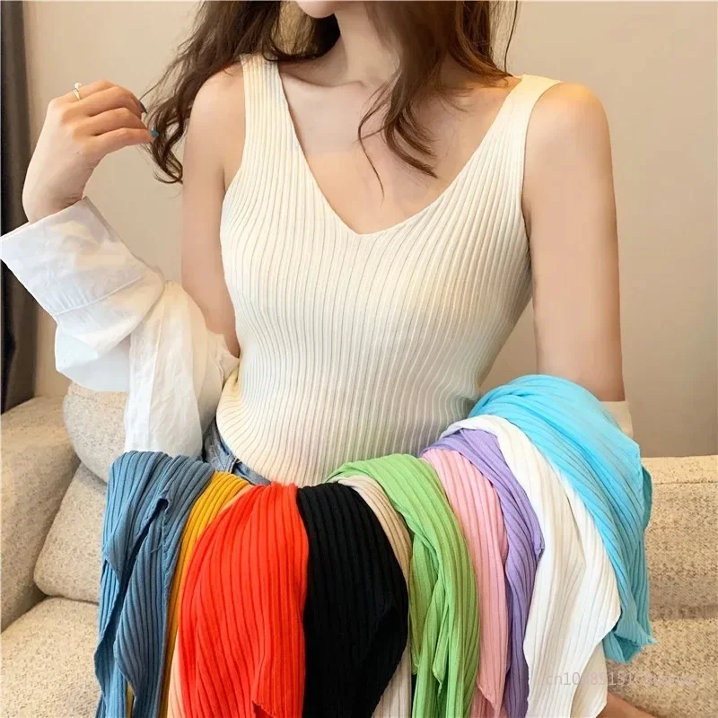 V-neck Knitted Ice Silk Sleeveless Top Thin Vest Camisoles Tanks Knit Sweater Women Spring Summer Slim Camisole Intimates