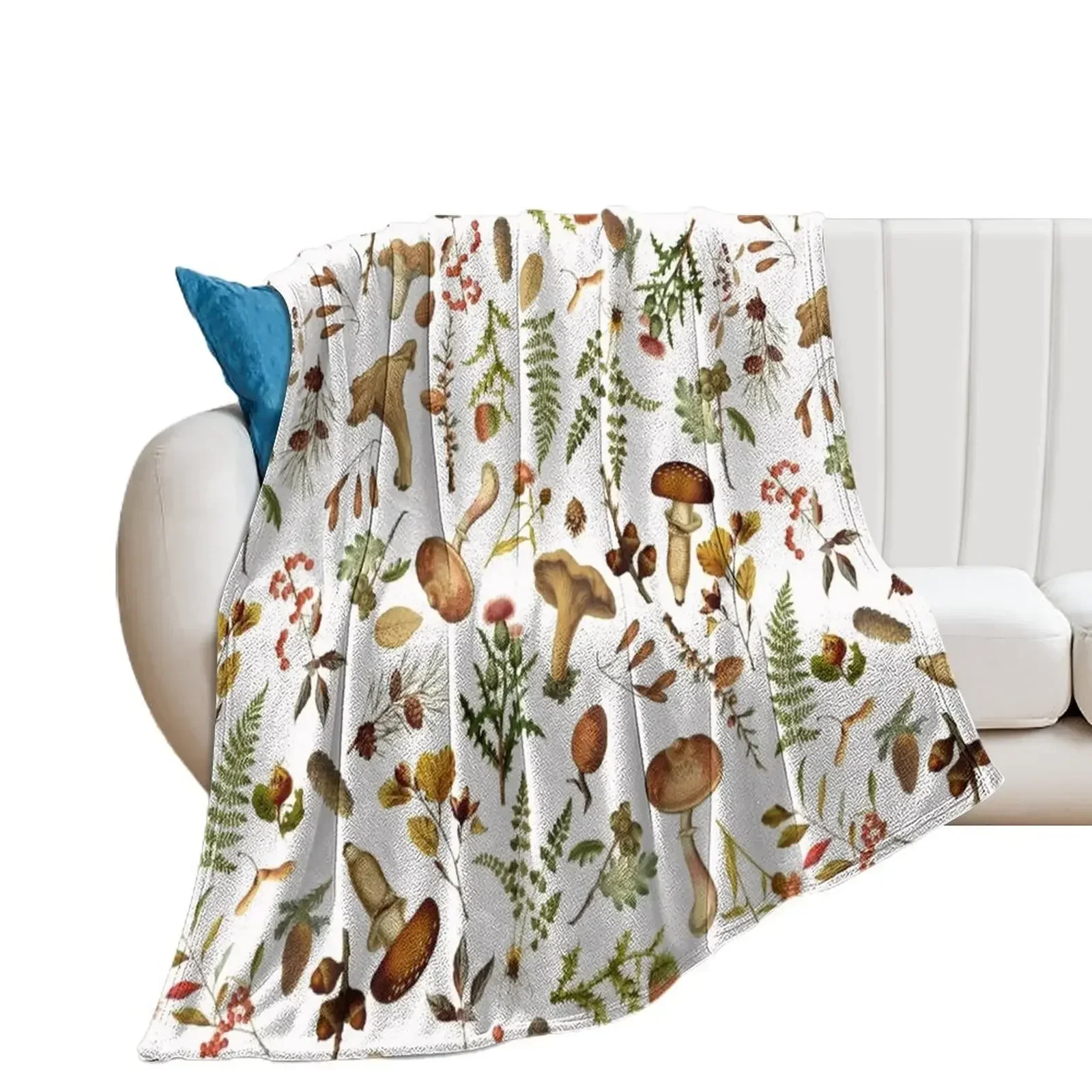 

Vintage Mushrooms Woodland Botanical Pattern - White Throw Blanket Soft Flannel Fabric Decorative Sofa Stuffeds Blankets