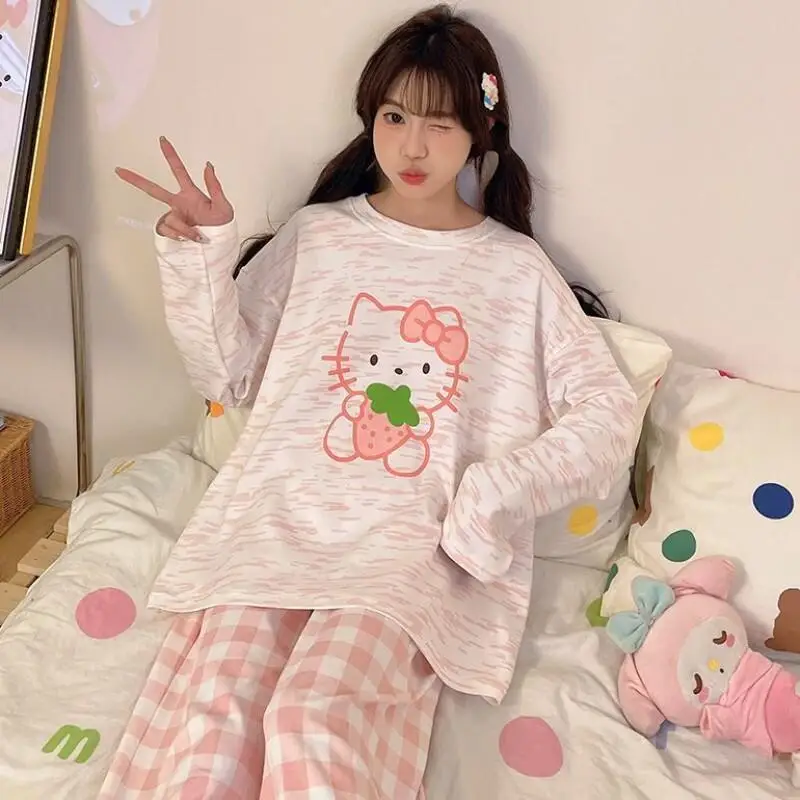 Sanrio Suitable for Outdoor Wear Long Sleeved Cartoon Japanese 2025 New Style Hello Kitty Summer Home Suit Set Pants Sets Pant