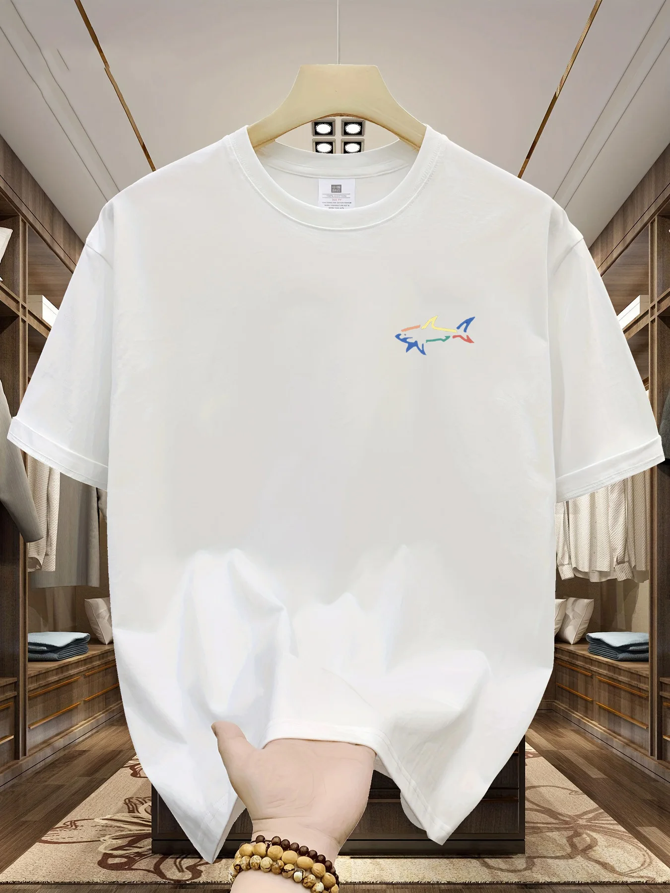 Men's summer 100 cotton fashionable casual loose plus size shark pattern printed sports round neck short sleeved T-shirt top image 2