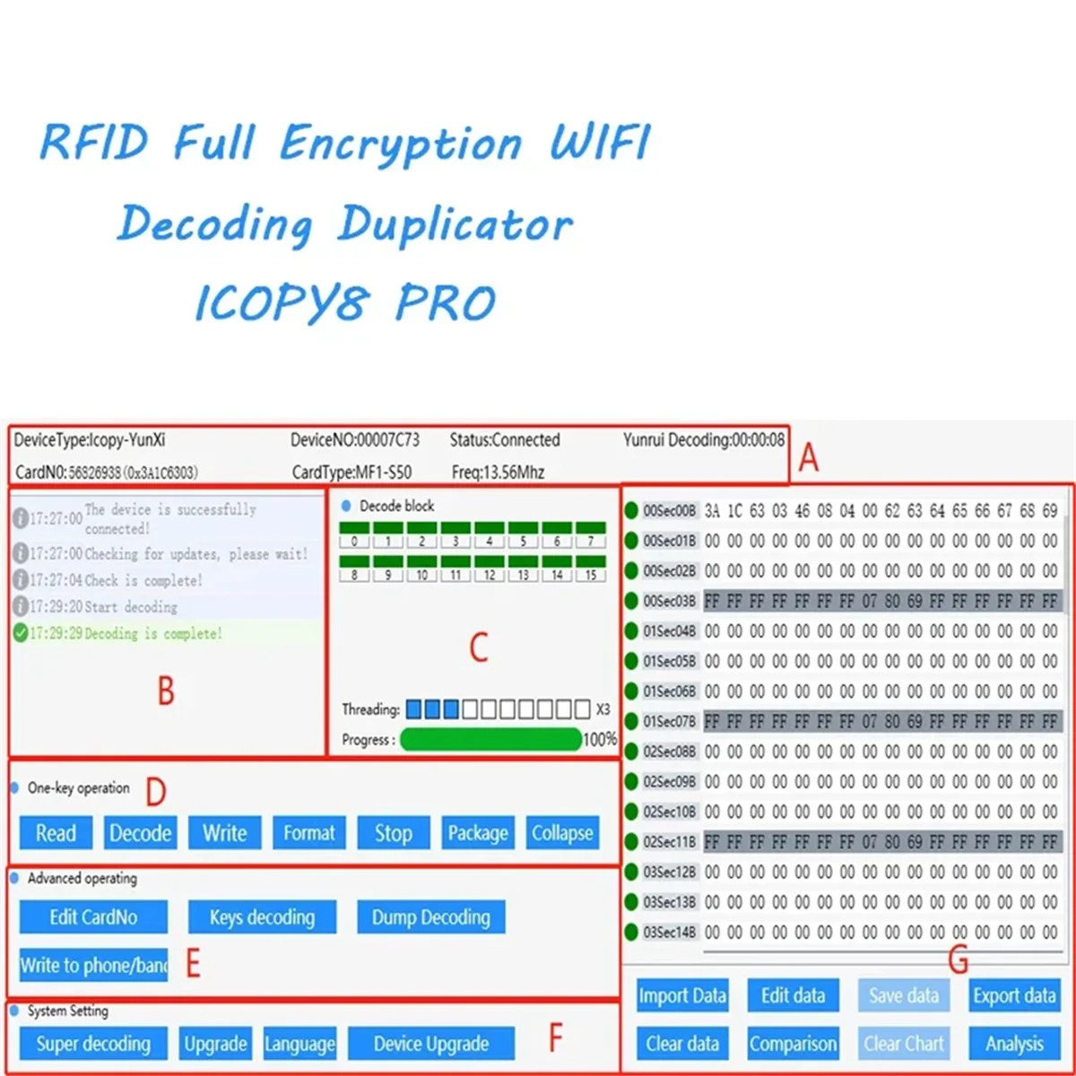 

BISMZ ICOPY8 Устройство чтения карт доступа IC13,56 МГц ID 125 кГц Копировальный аппарат Полностью зашифрованные карты декодирования Wi-Fi