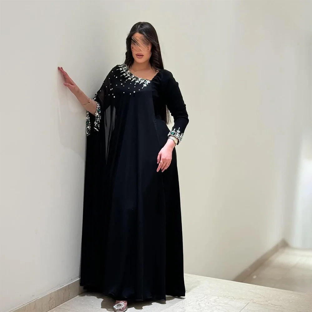 

Customized Elegant V Neck Evening Dresses Black Long Sleeves Crystal Beads Prom Dresses A-line Floor-Length Wedding Guest Events