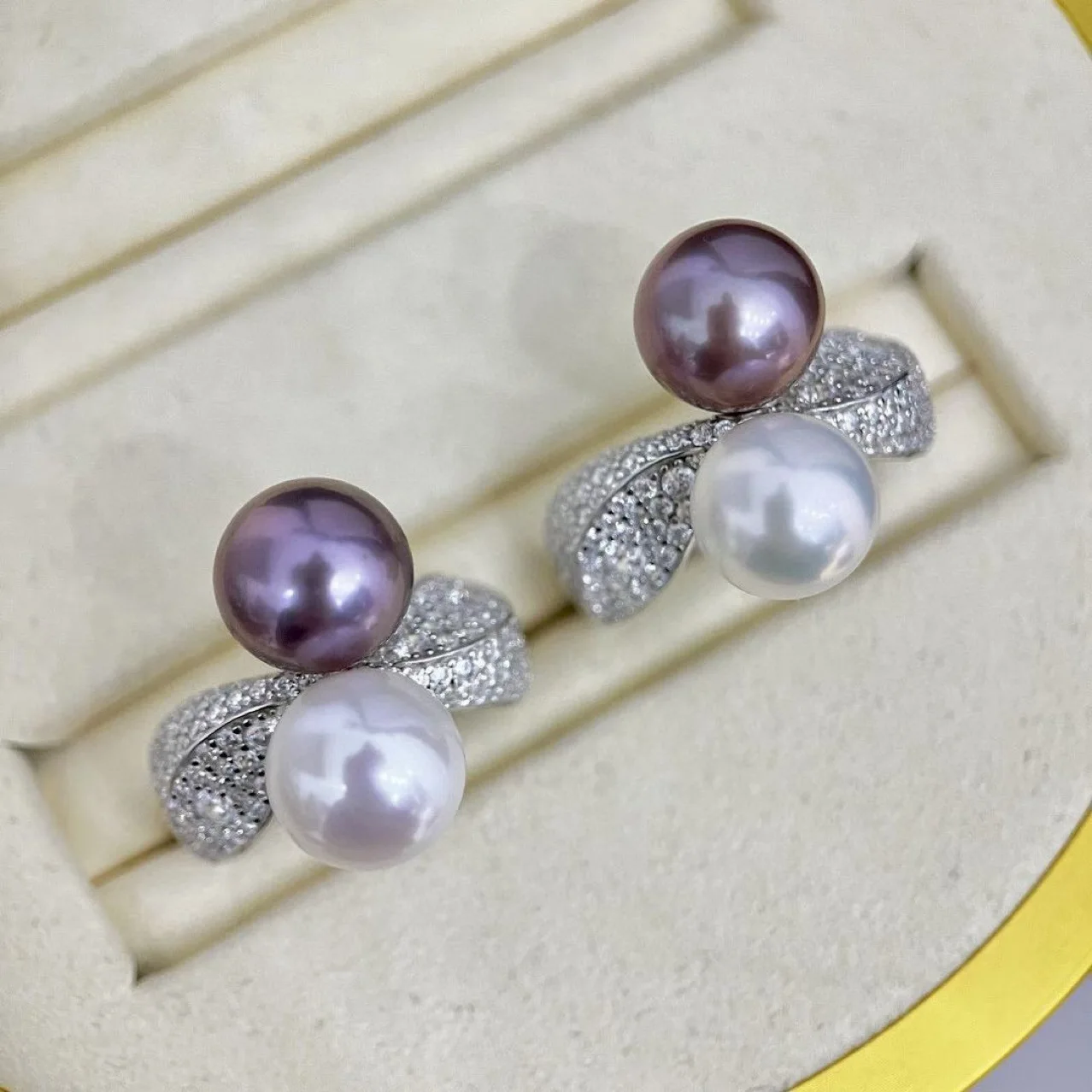 S925 Sterling Silver Natural Freshwater Pearl Ring,9‑10mm Edison Two‑Tone Pearl Jewelry Gift for Women