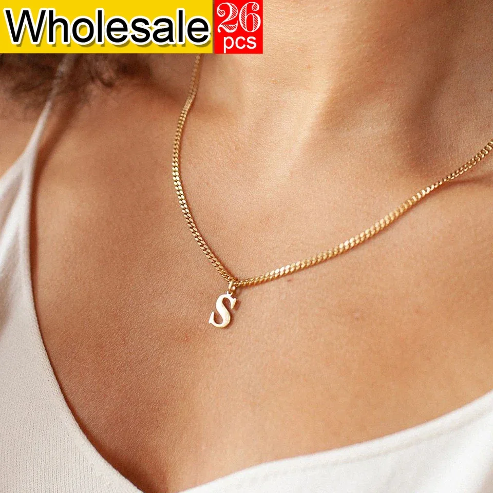 

26PCS Women's Stainless Steel Initial Necklace DIYA-Z Initial Pendant Cuban Chain Name Customized Gift Jewelry Wholesale