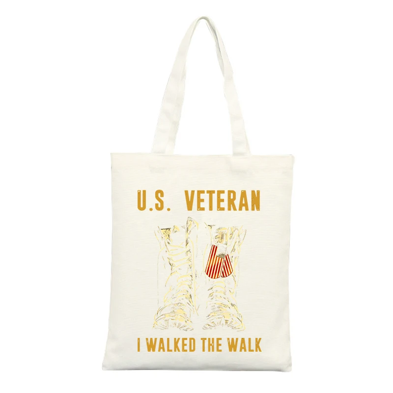 Veteran-themed Canvas Tote Bag with Boots and Typography Print, Ideal for Casual Outings and Daily Use