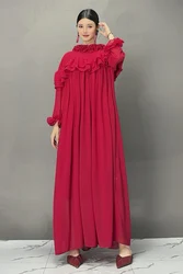 2024 Autumn New Elegant Red Folds Loose Long Dresses Women Casual Long Sleeve Dress Female Wholesale J378