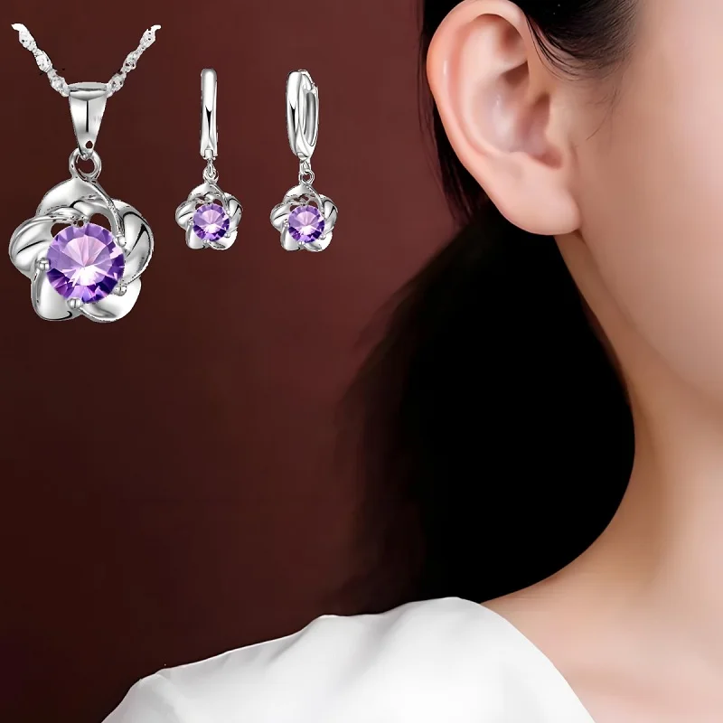 

Элегантный комплект из стерлингового серебра 925 пробы с кристаллами сливы и цирконием, ожерелье и серьги для женщин, модные ювелирные изделия для свадебной вечеринки, подарок